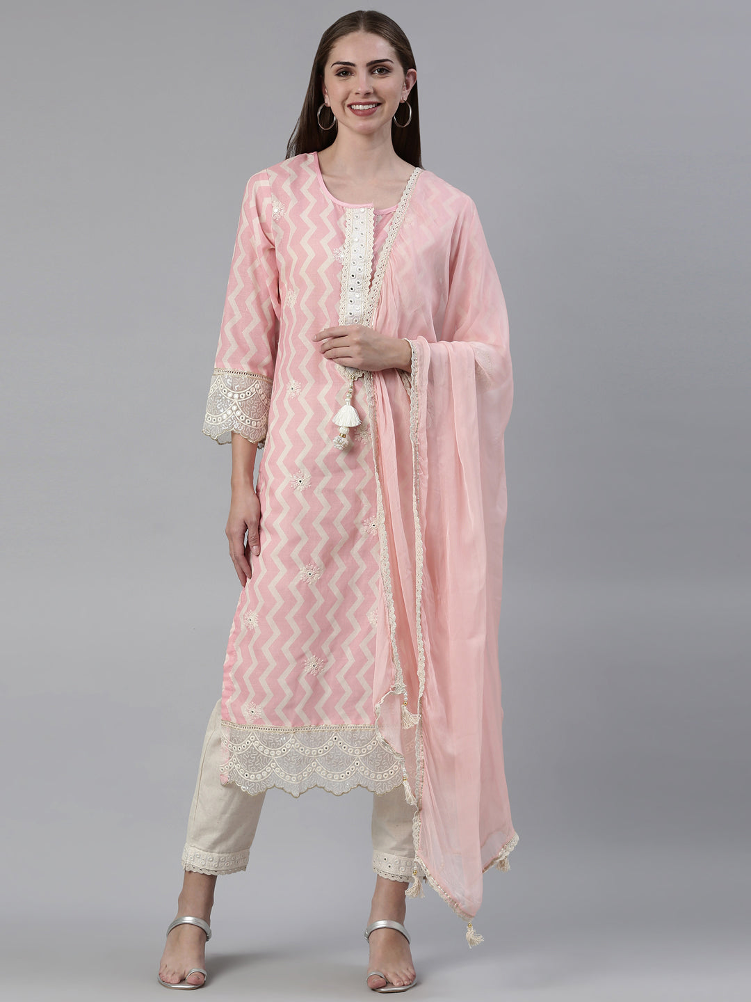 Neerus Pink cotton embroidered kurta set with trousers and dupatta - front view