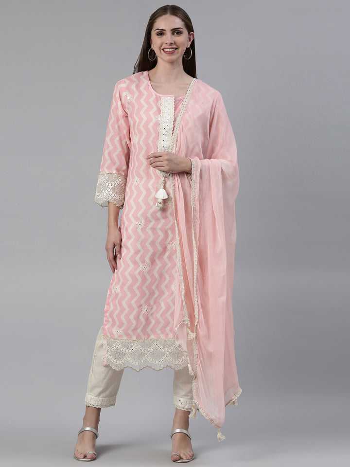 Neerus Pink cotton embroidered kurta set with trousers and dupatta - front view