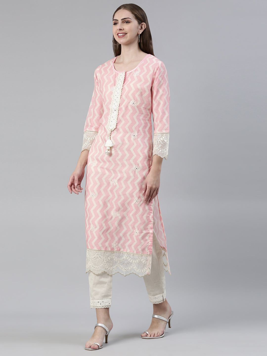 Neerus Pink cotton embroidered kurta set with trousers and dupatta - back view