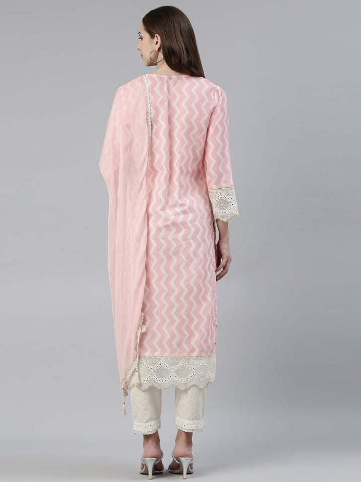 Neerus Pink cotton embroidered kurta set with trousers and dupatta - side view