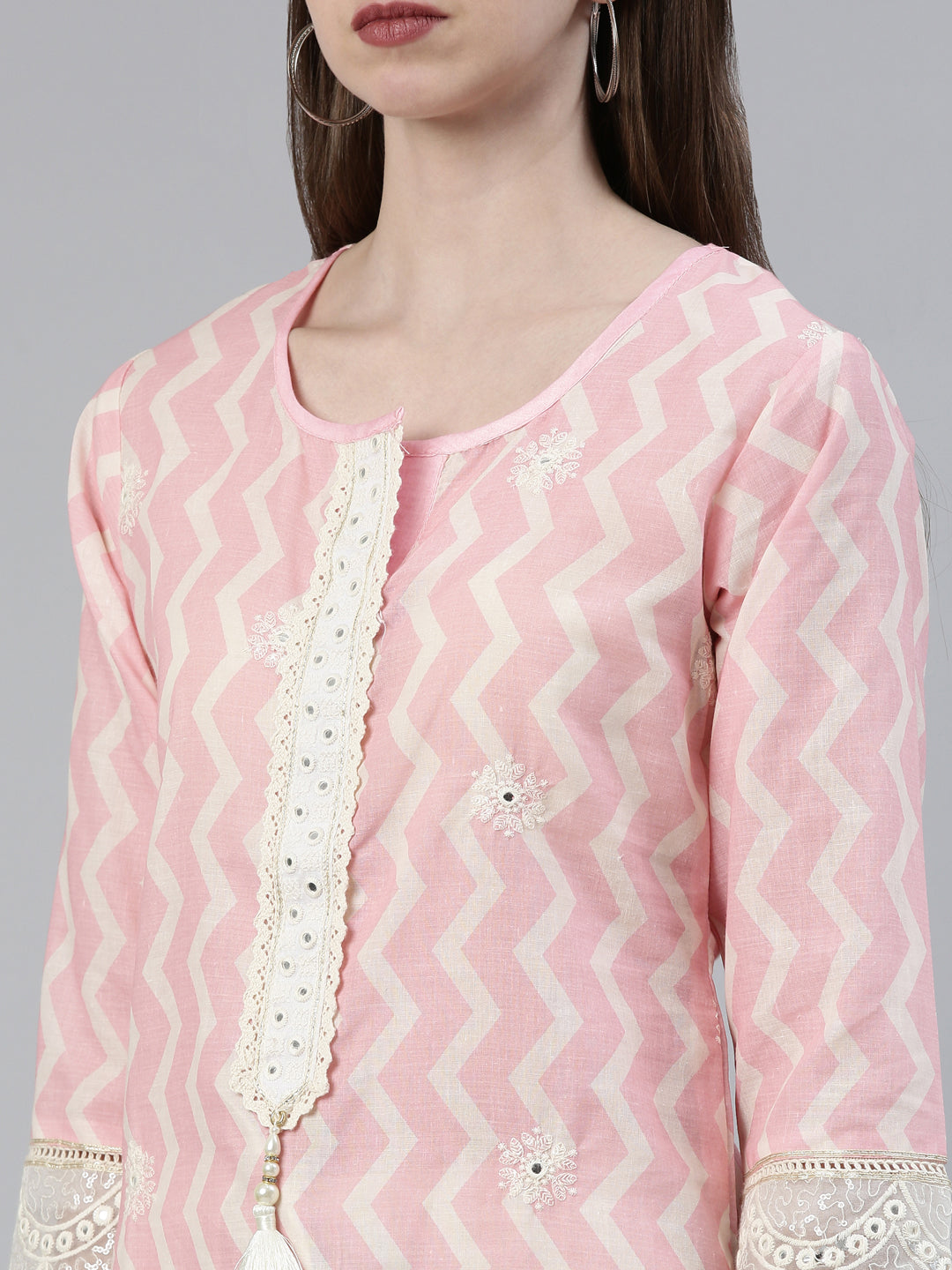 Neerus Pink cotton embroidered kurta set with trousers and dupatta - detail view 1
