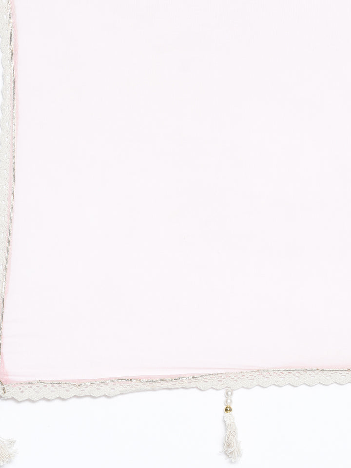 Neerus Pink cotton embroidered kurta set with trousers and dupatta - detail view 3