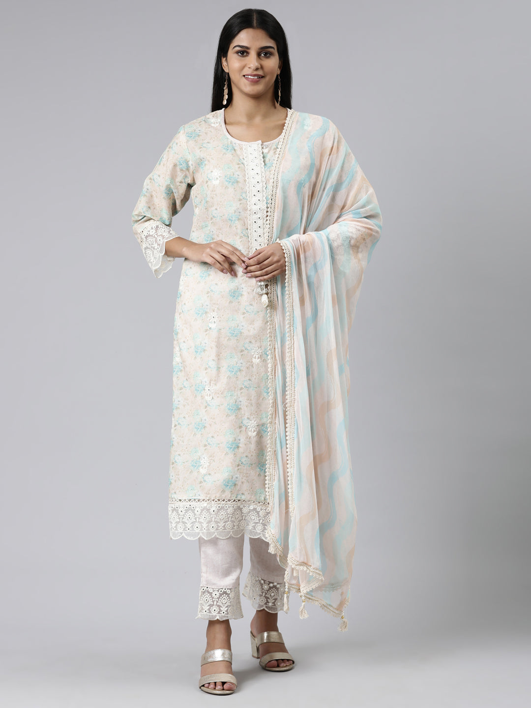 Neerus Cream Regular Calf Length Printed Kurta Solid Trousers With Dupatta