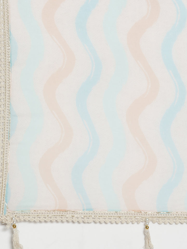 Neerus Cream Regular Calf Length Printed Kurta Solid Trousers With Dupatta