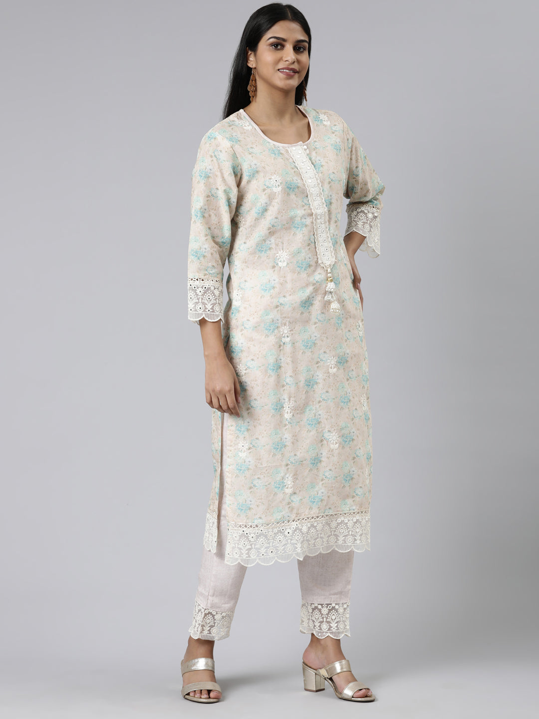 Neerus Cream Regular Calf Length Printed Kurta Solid Trousers With Dupatta