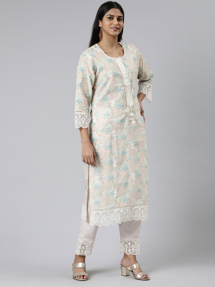 Neerus Cream Regular Calf Length Printed Kurta Solid Trousers With Dupatta