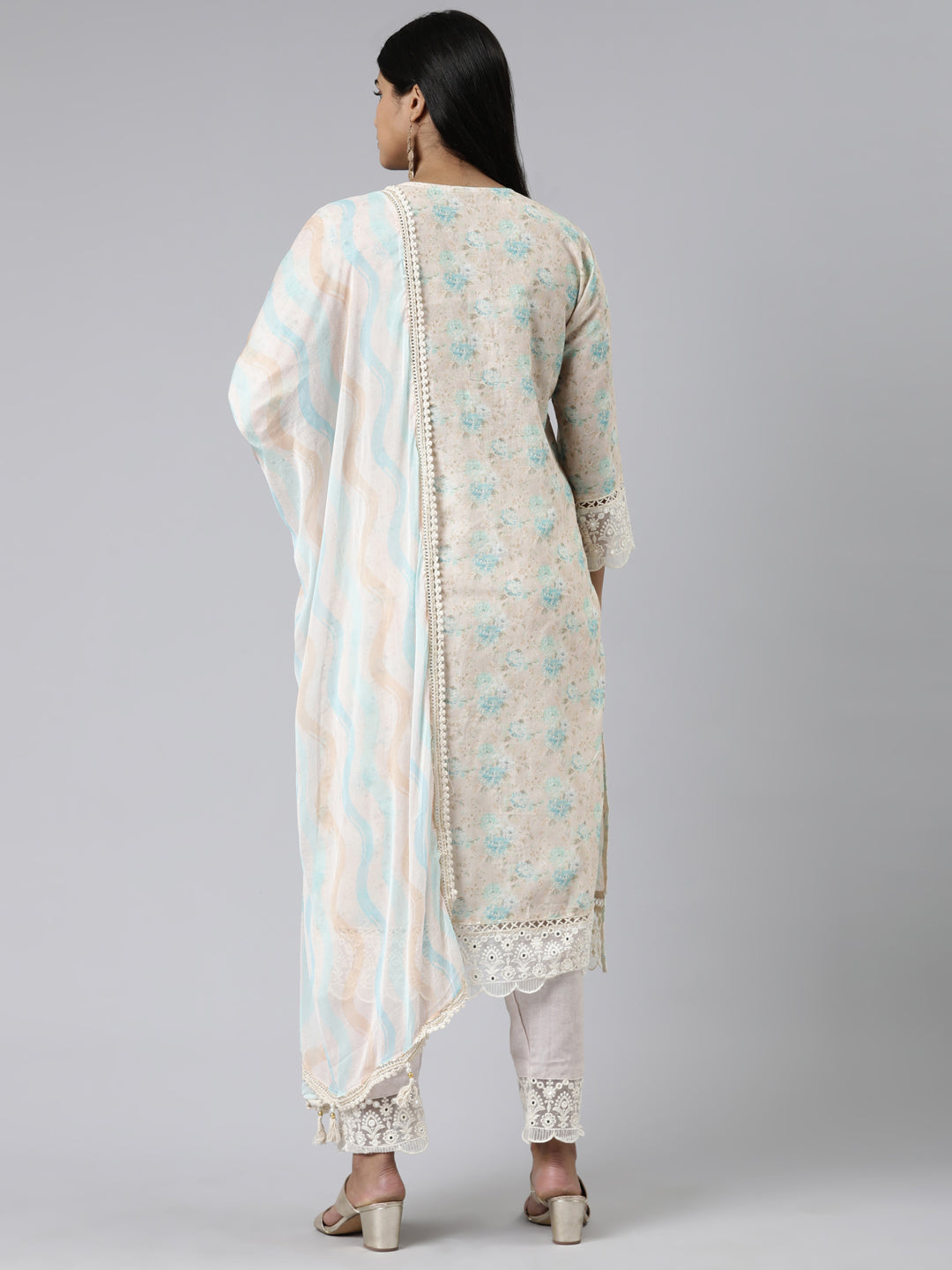 Neerus Cream Regular Calf Length Printed Kurta Solid Trousers With Dupatta