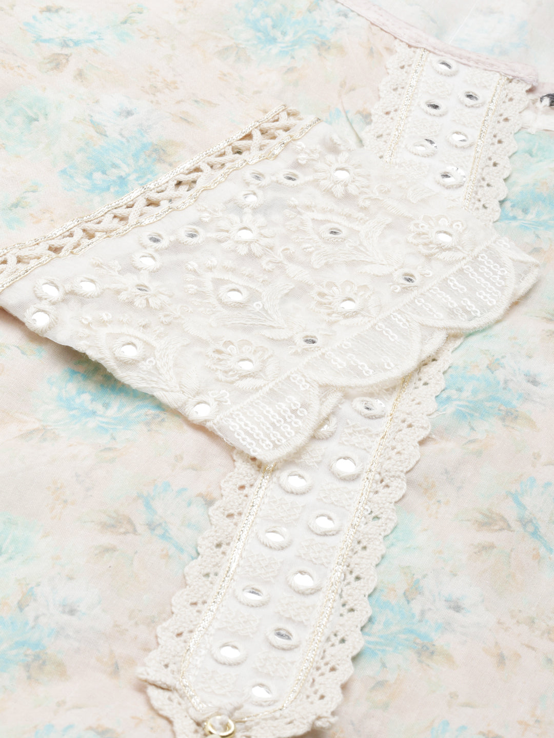 Neerus Cream Regular Calf Length Printed Kurta Solid Trousers With Dupatta