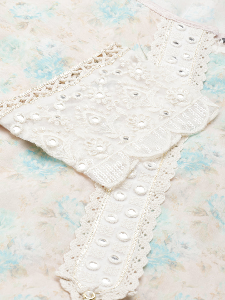 Neerus Cream Regular Calf Length Printed Kurta Solid Trousers With Dupatta