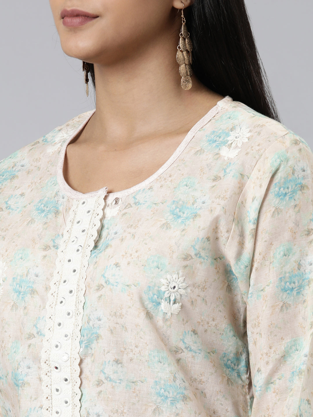 Neerus Cream Regular Calf Length Printed Kurta Solid Trousers With Dupatta