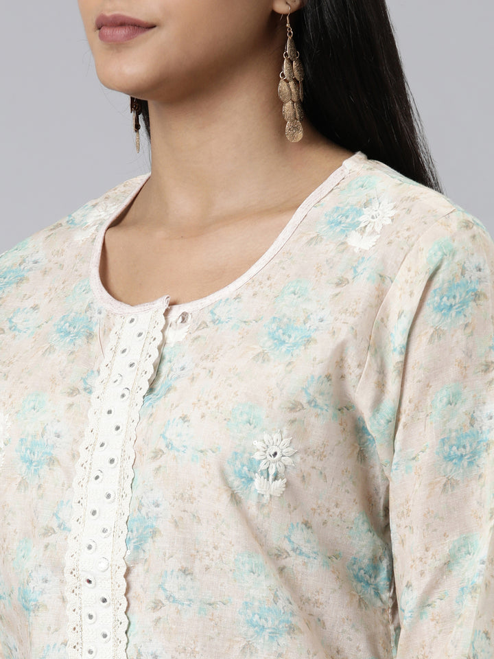 Neerus Cream Regular Calf Length Printed Kurta Solid Trousers With Dupatta