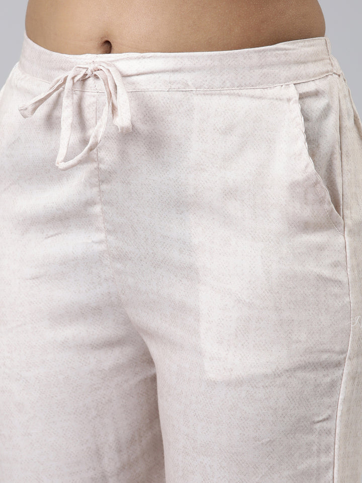 Neerus Cream Regular Calf Length Printed Kurta Solid Trousers With Dupatta