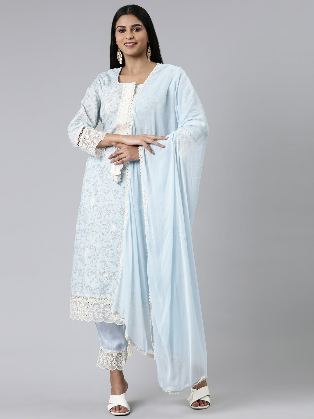 Neerus Sea Green Regular Calf Length Printed Kurta Solid Trousers With Dupatta