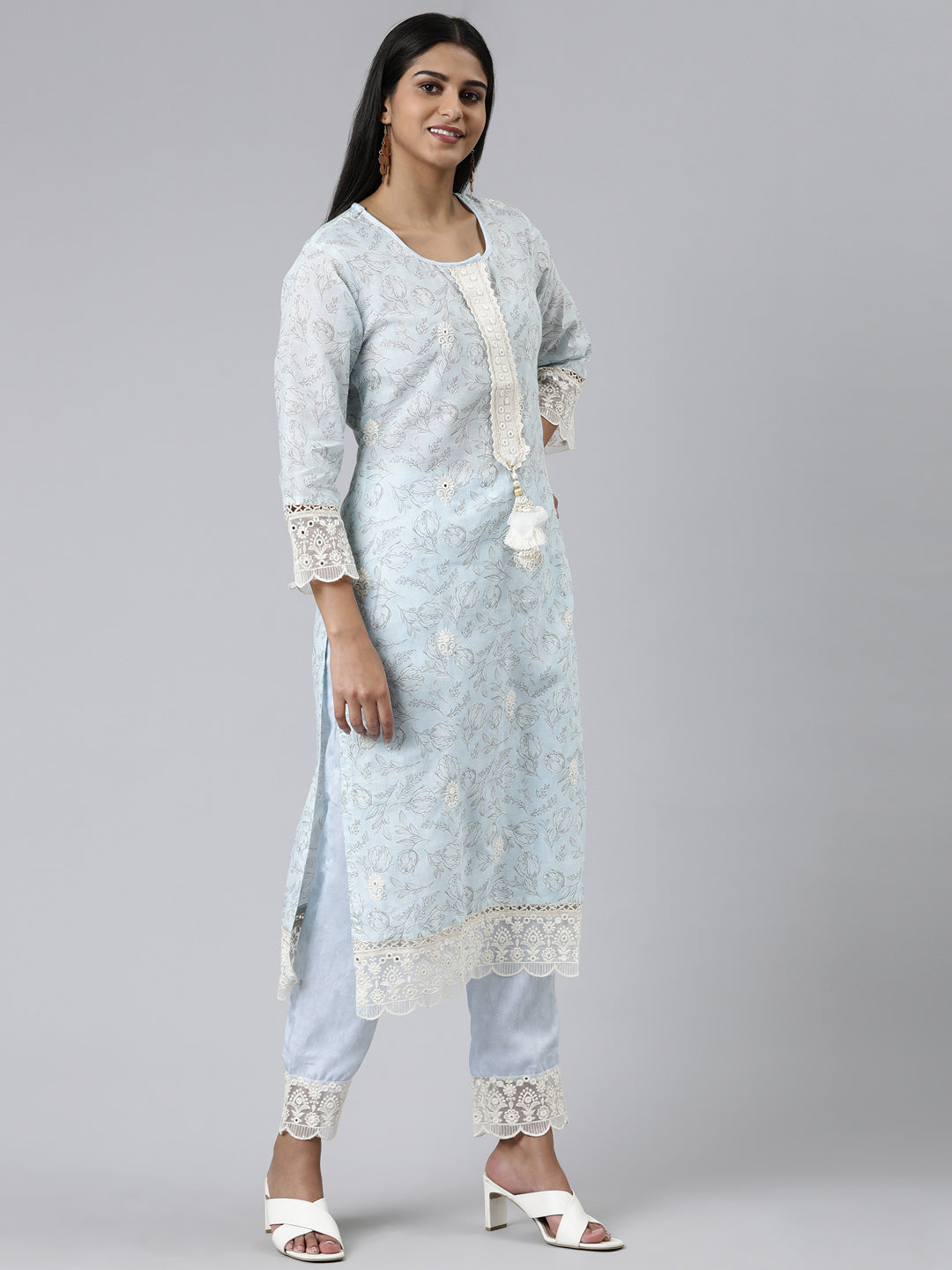 Neerus Sea Green Regular Calf Length Printed Kurta Solid Trousers With Dupatta