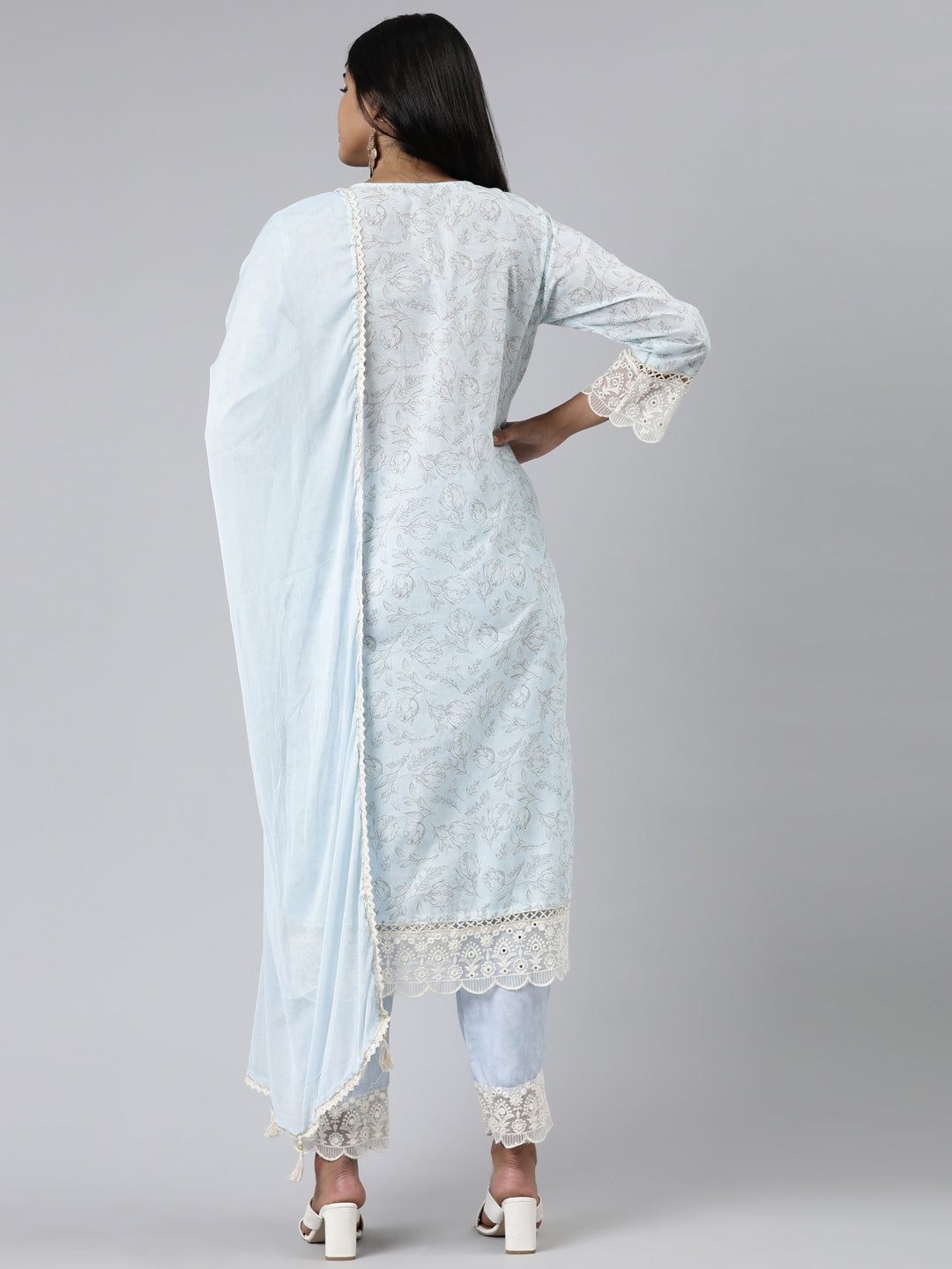 Neerus Sea Green Regular Calf Length Printed Kurta Solid Trousers With Dupatta