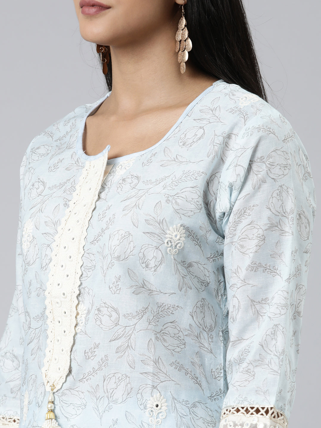 Neerus Sea Green Regular Calf Length Printed Kurta Solid Trousers With Dupatta