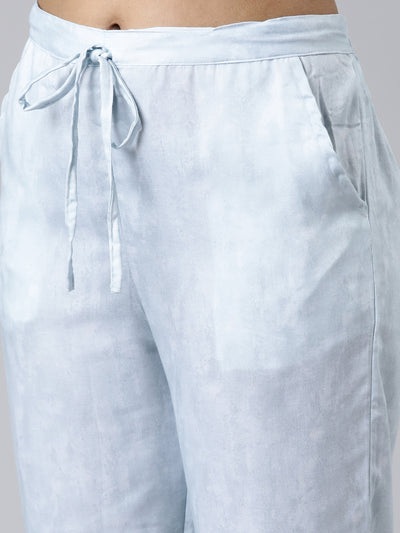 Neerus Sea Green Regular Calf Length Printed Kurta Solid Trousers With Dupatta