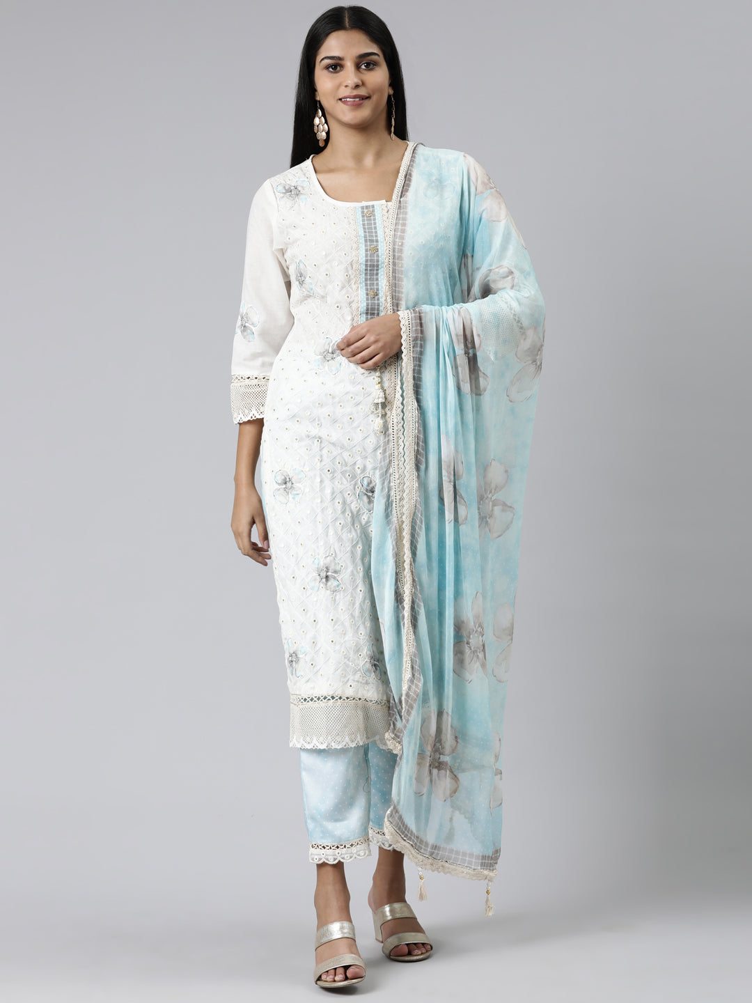 Neerus Off White Regular Calf Length Embroidered Kurta Printed Trousers With Dupatta