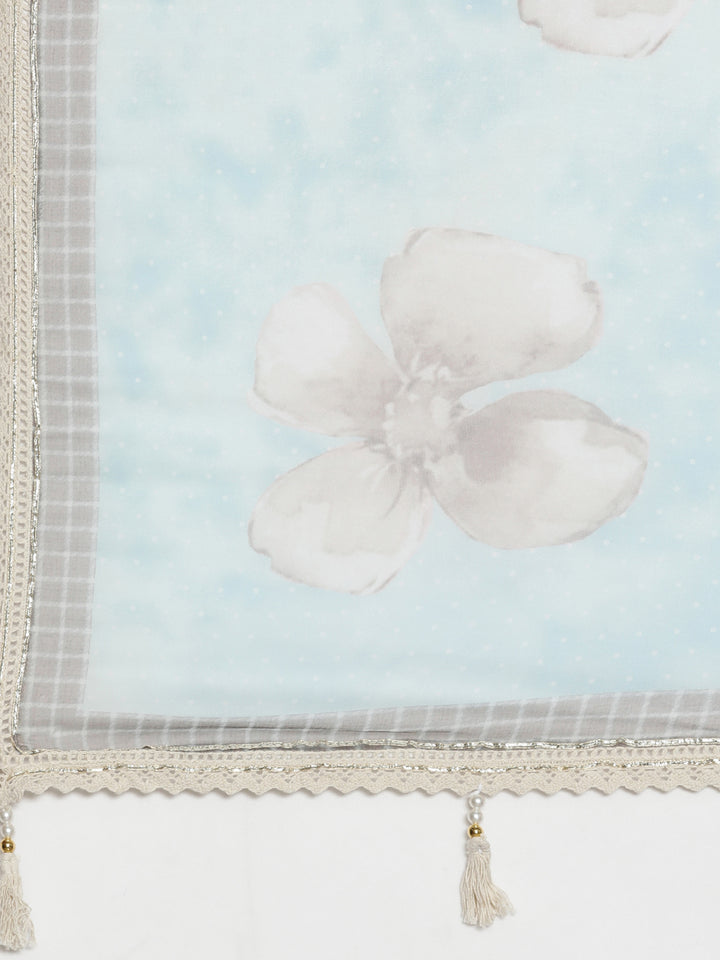 Neerus Off White Regular Calf Length Embroidered Kurta Printed Trousers With Dupatta