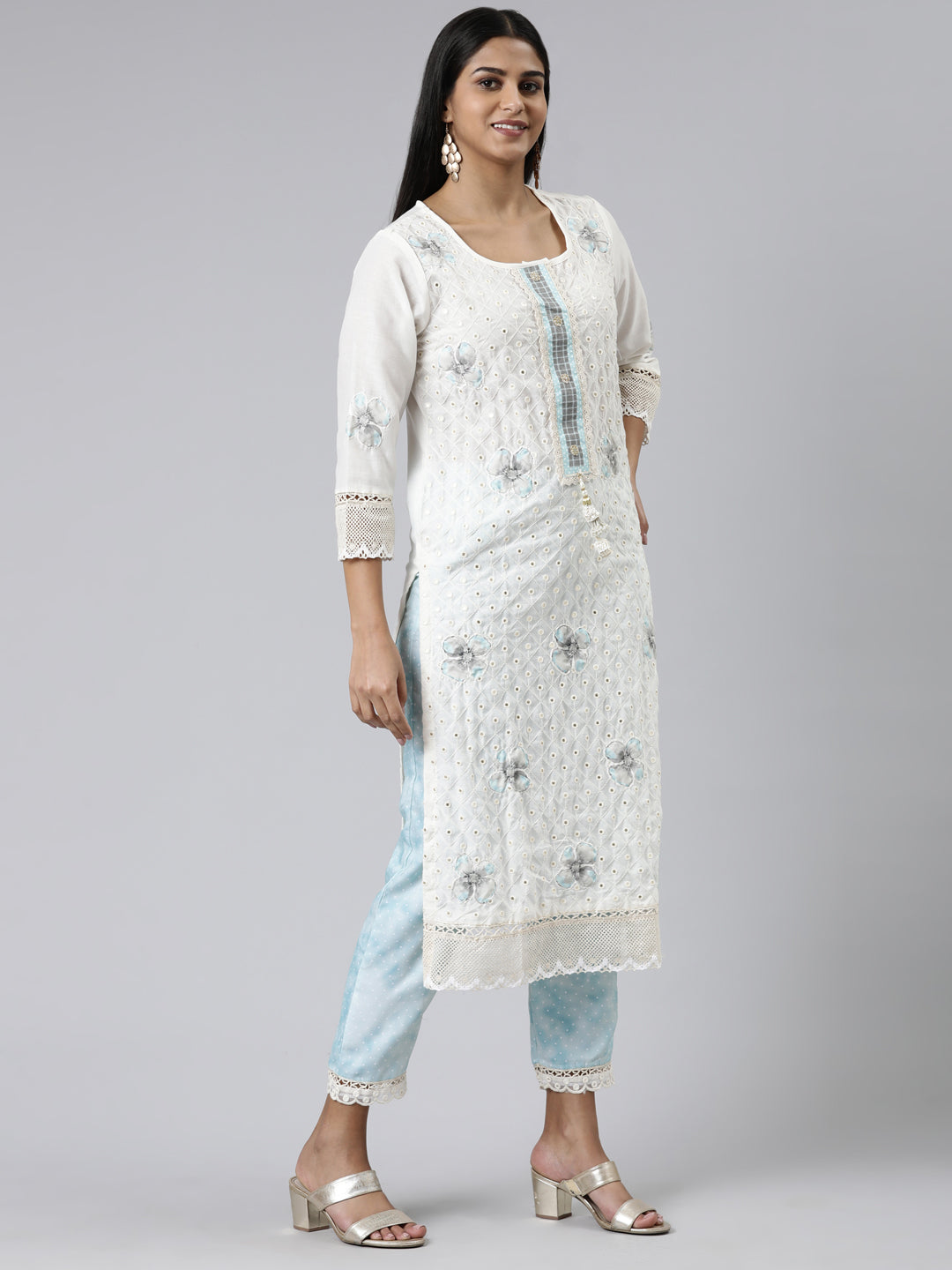 Neerus Off White Regular Calf Length Embroidered Kurta Printed Trousers With Dupatta