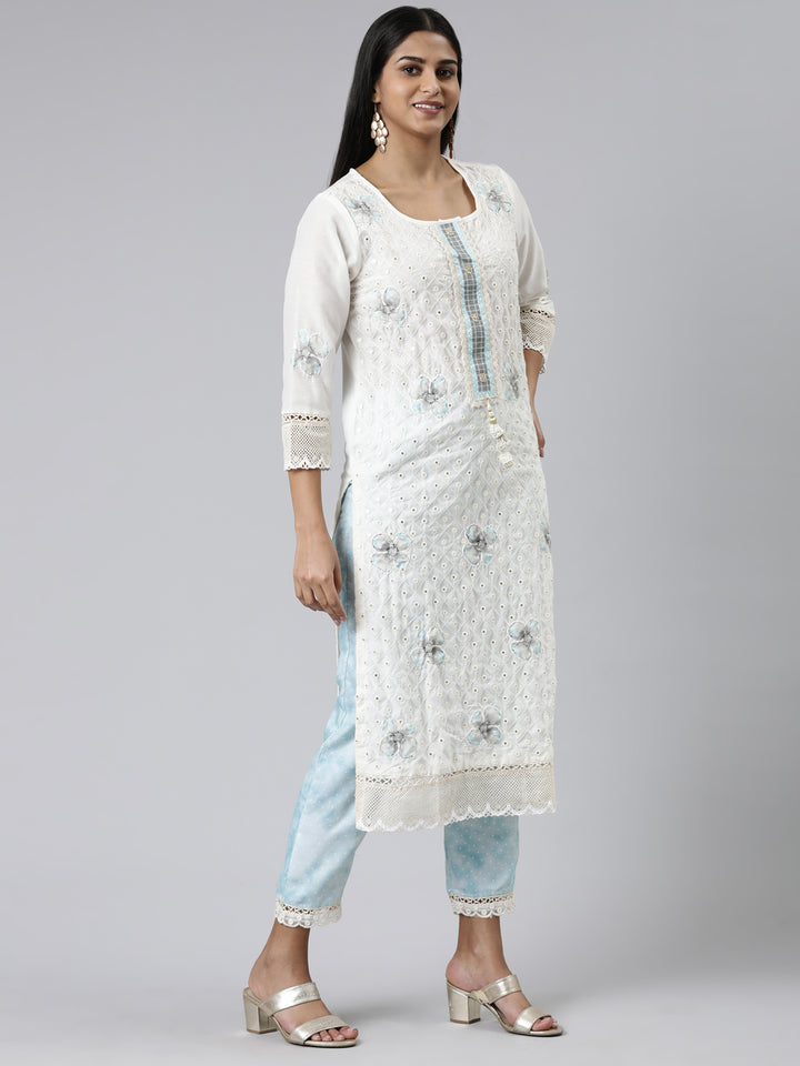 Neerus Off White Regular Calf Length Embroidered Kurta Printed Trousers With Dupatta