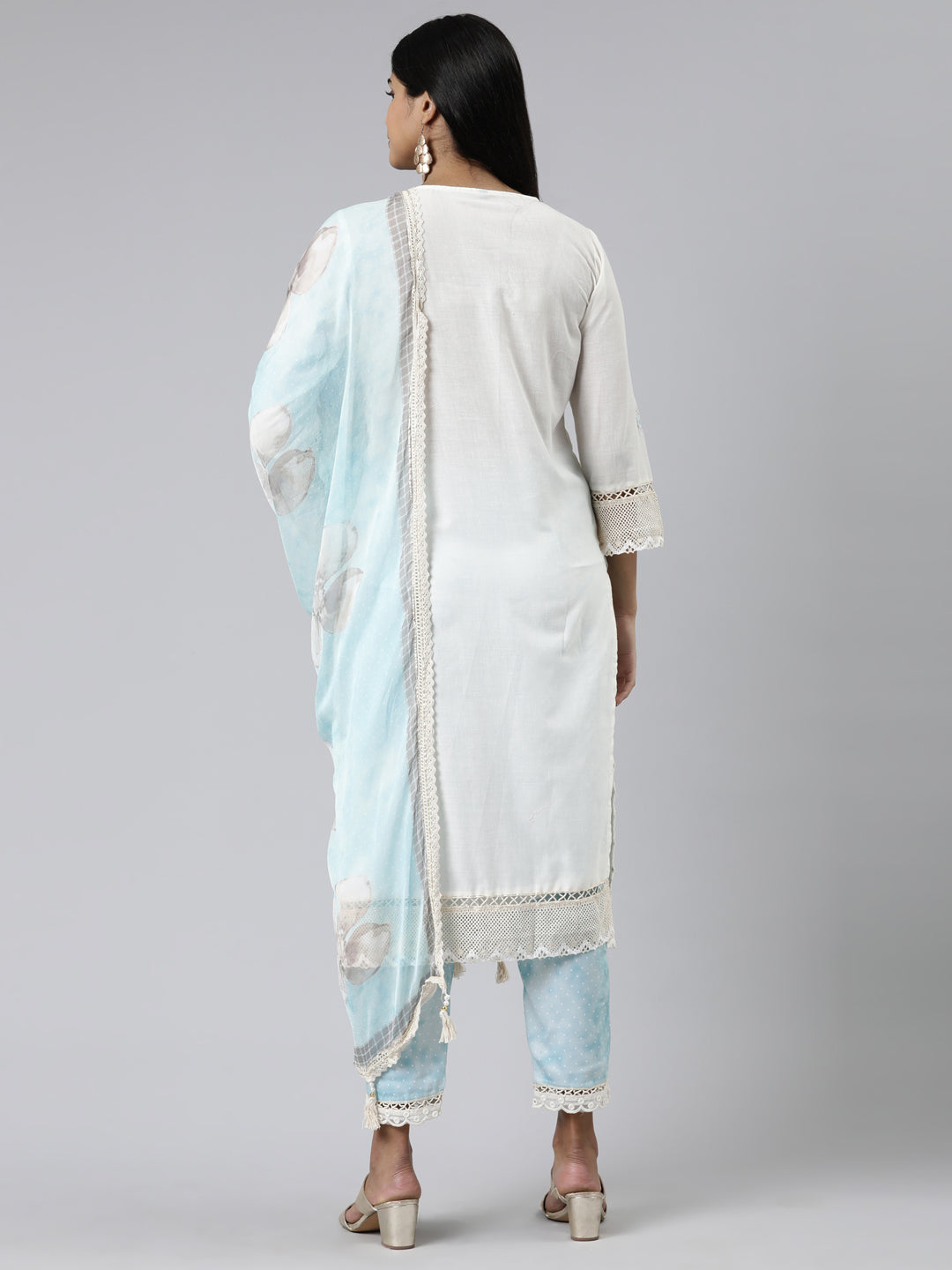 Neerus Off White Regular Calf Length Embroidered Kurta Printed Trousers With Dupatta