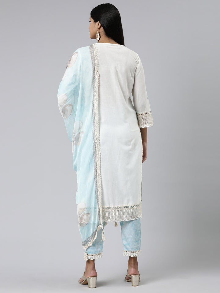 Neerus Off White Regular Calf Length Embroidered Kurta Printed Trousers With Dupatta
