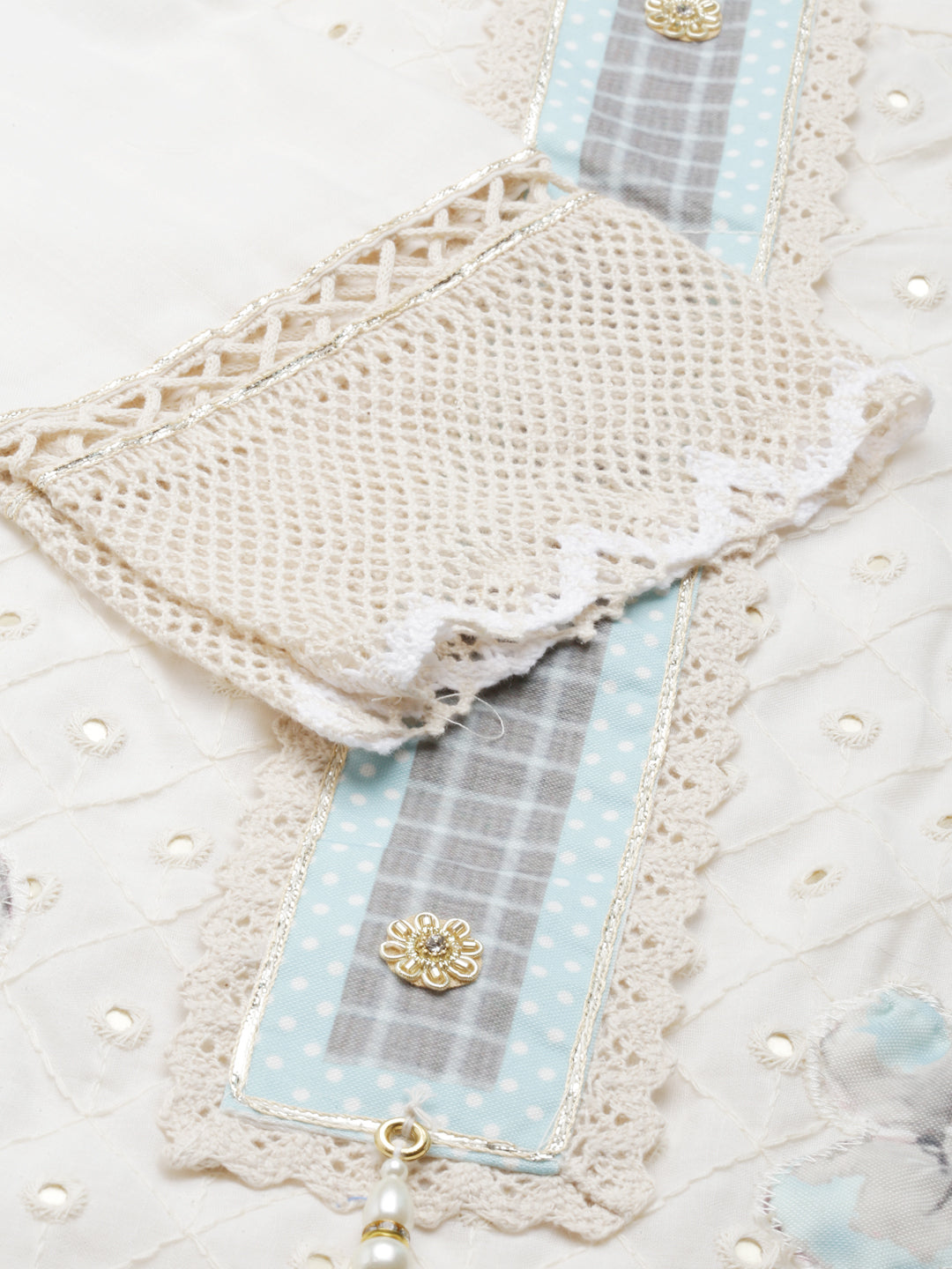 Neerus Off White Regular Calf Length Embroidered Kurta Printed Trousers With Dupatta