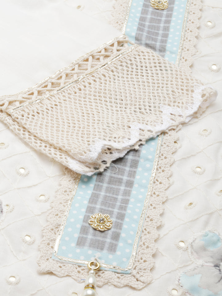 Neerus Off White Regular Calf Length Embroidered Kurta Printed Trousers With Dupatta