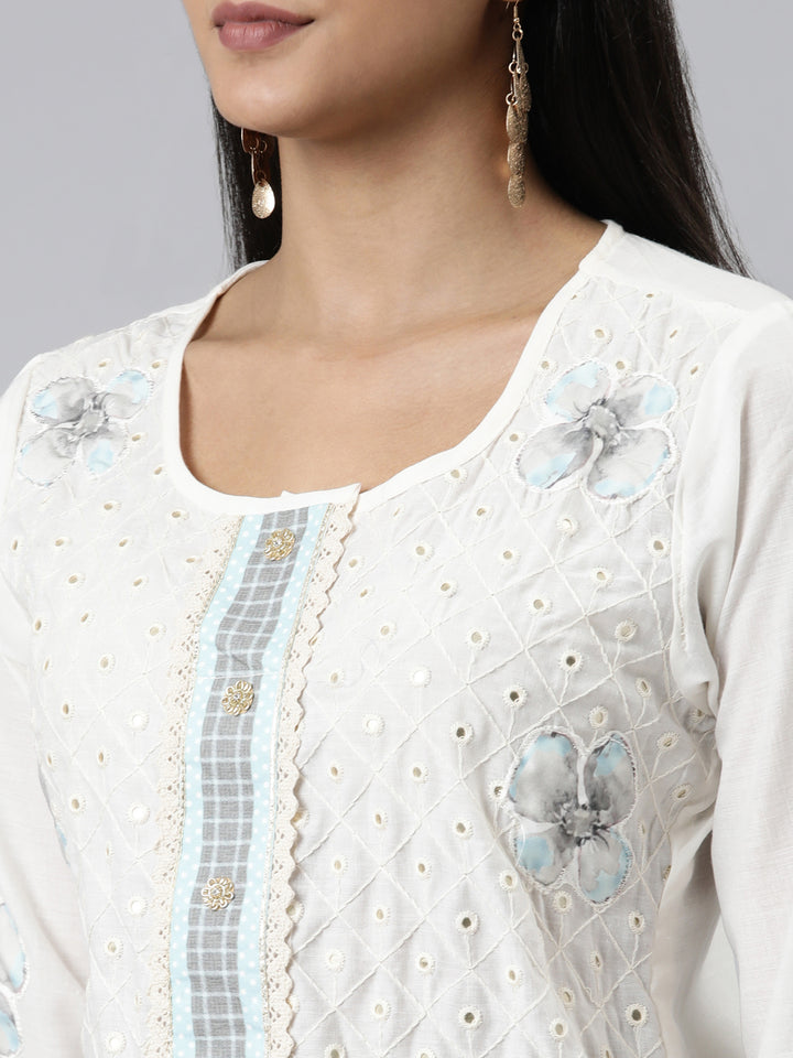 Neerus Off White Regular Calf Length Embroidered Kurta Printed Trousers With Dupatta