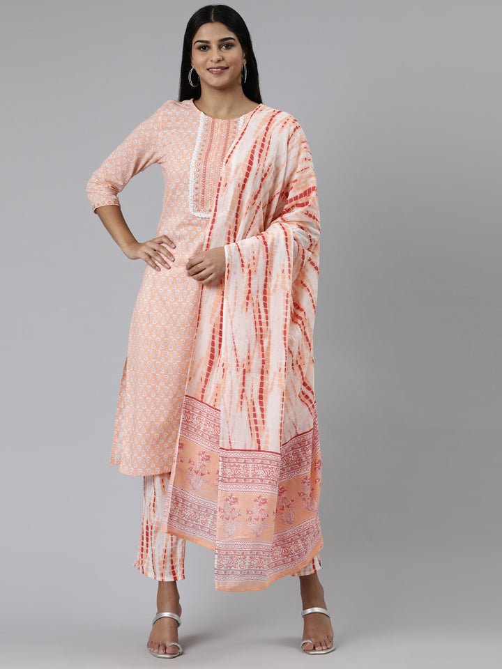 Neerus Peach Regular Calf Length Printed Kurta Printed Trousers With Dupatta