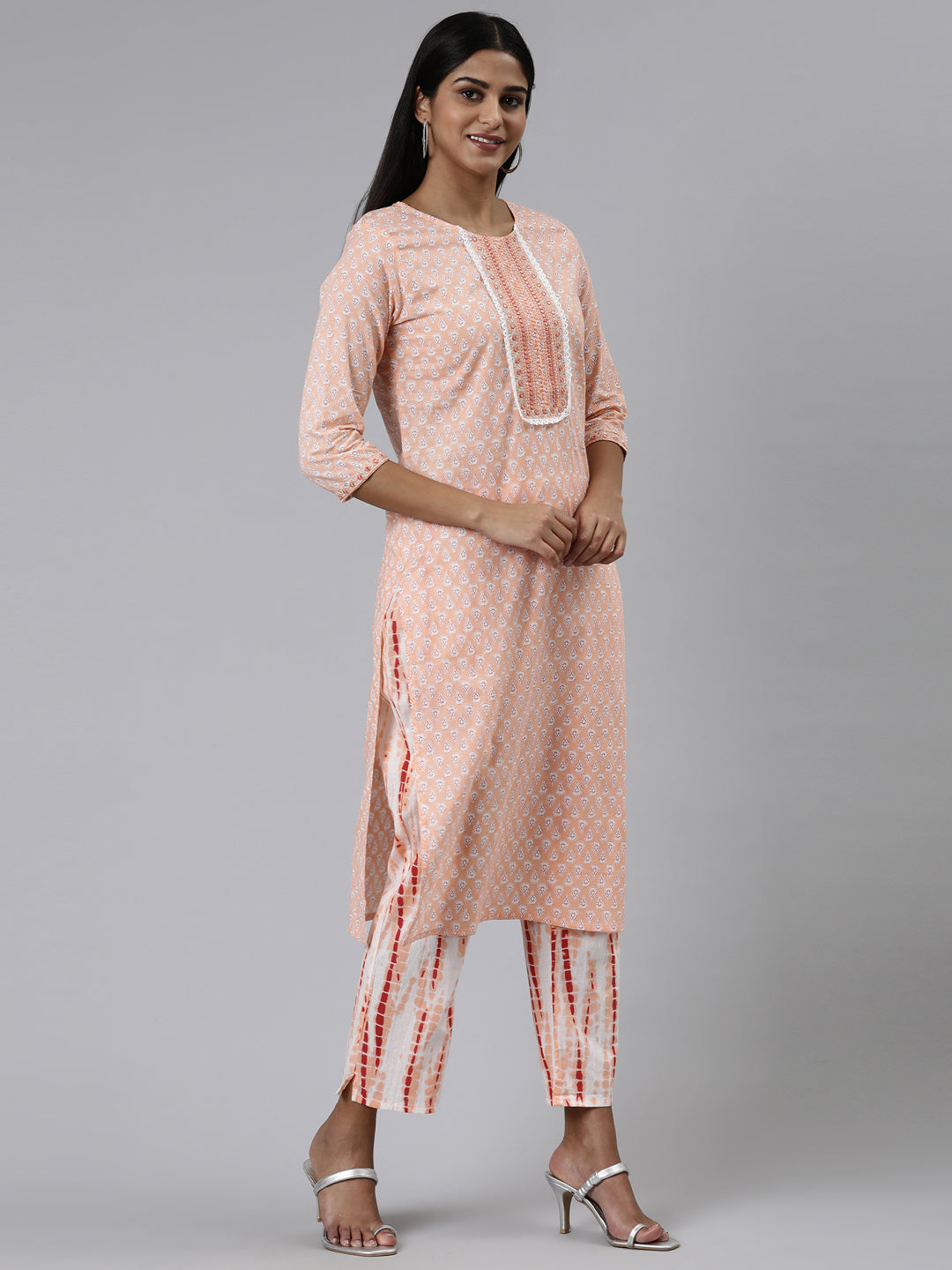 Neerus Peach Regular Calf Length Printed Kurta Printed Trousers With Dupatta