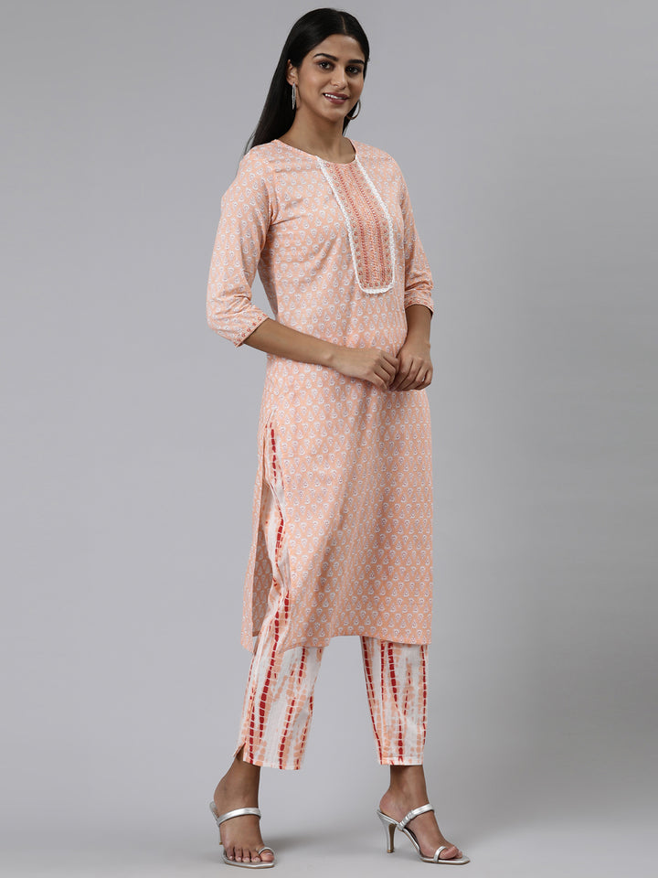 Neerus Peach Regular Calf Length Printed Kurta Printed Trousers With Dupatta