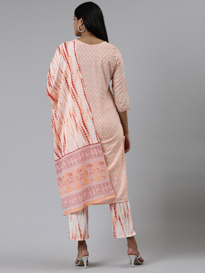 Neerus Peach Regular Calf Length Printed Kurta Printed Trousers With Dupatta