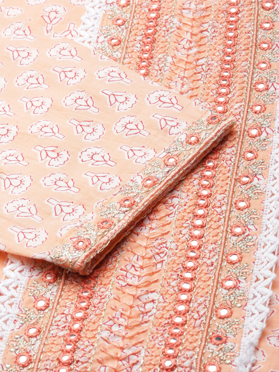 Neerus Peach Regular Calf Length Printed Kurta Printed Trousers With Dupatta