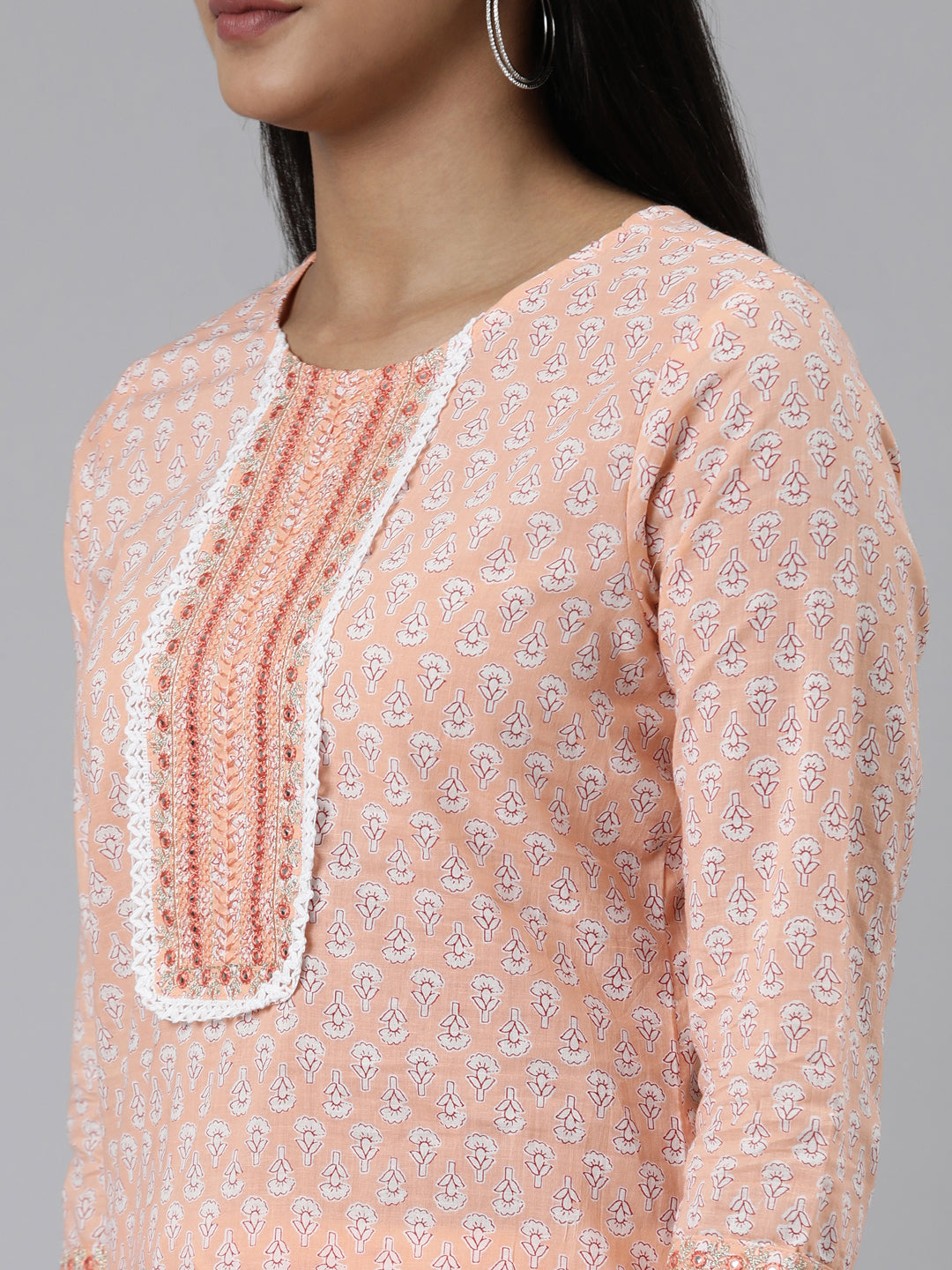 Neerus Peach Regular Calf Length Printed Kurta Printed Trousers With Dupatta