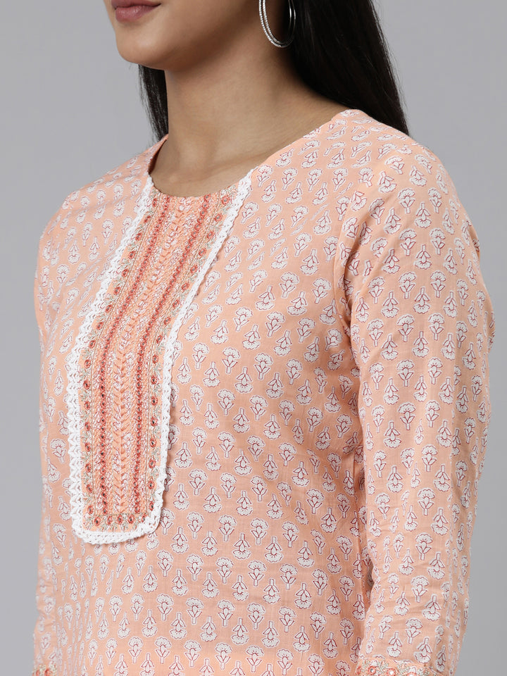 Neerus Peach Regular Calf Length Printed Kurta Printed Trousers With Dupatta