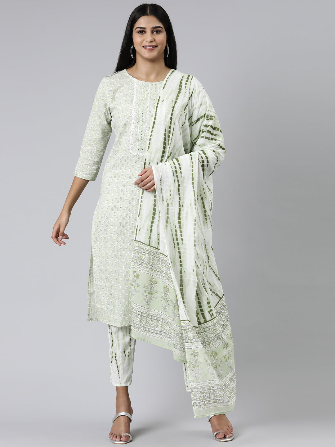 Neerus Green Regular Calf Length Printed Kurta Printed Trousers With Dupatta
