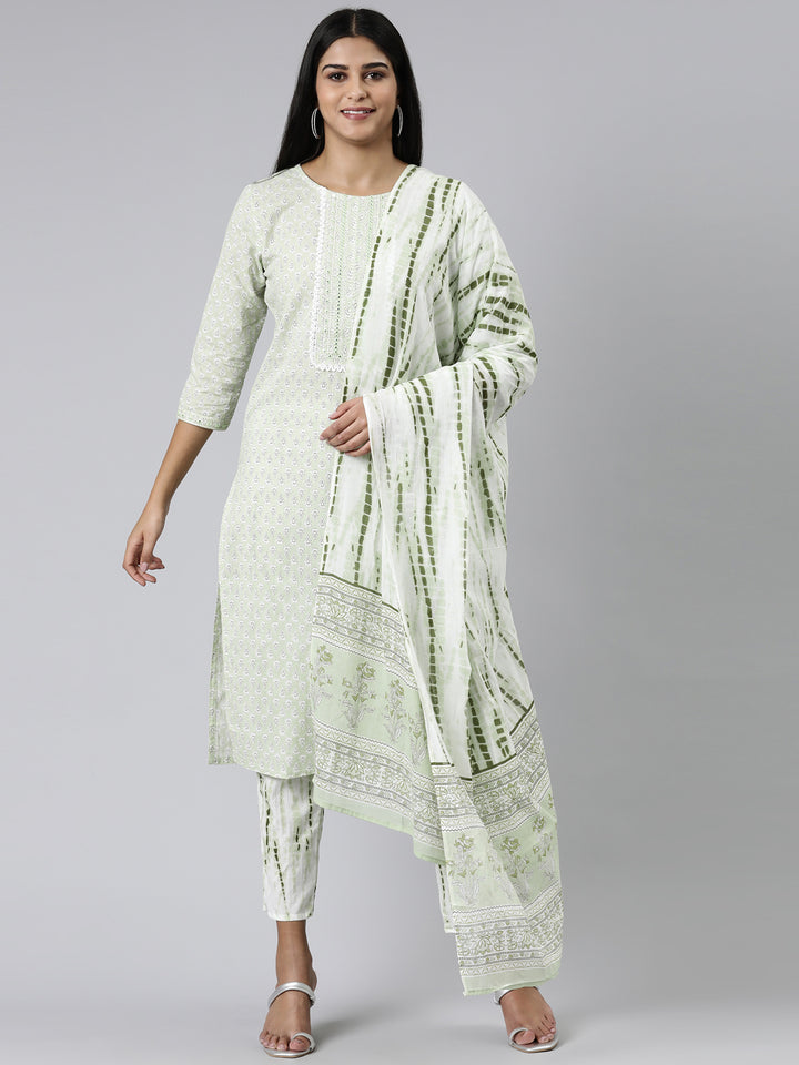 Neerus Green Regular Calf Length Printed Kurta Printed Trousers With Dupatta