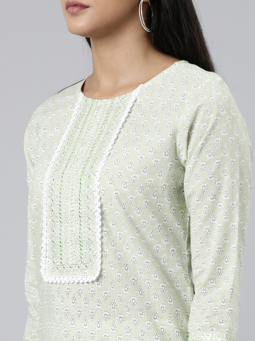 Neerus Green Regular Calf Length Printed Kurta Printed Trousers With Dupatta