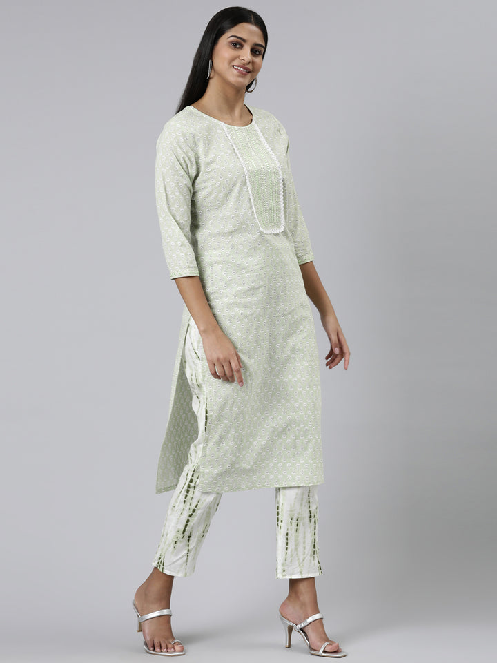 Neerus Green Regular Calf Length Printed Kurta Printed Trousers With Dupatta