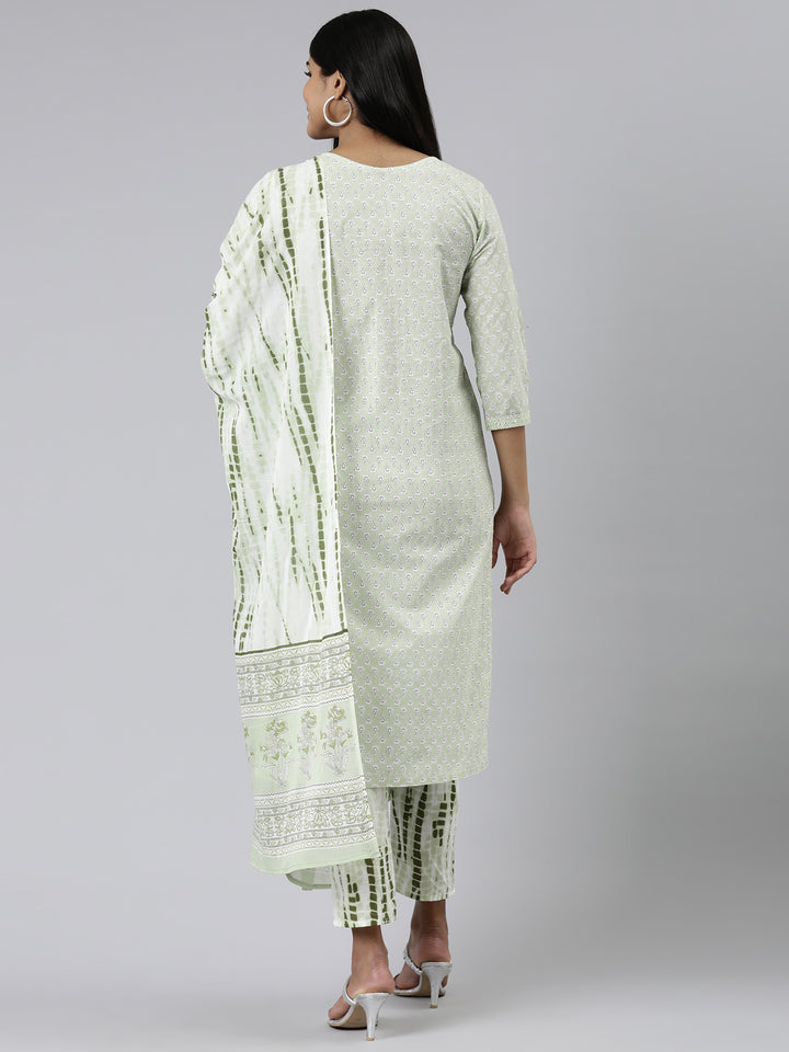 Neerus Green Regular Calf Length Printed Kurta Printed Trousers With Dupatta