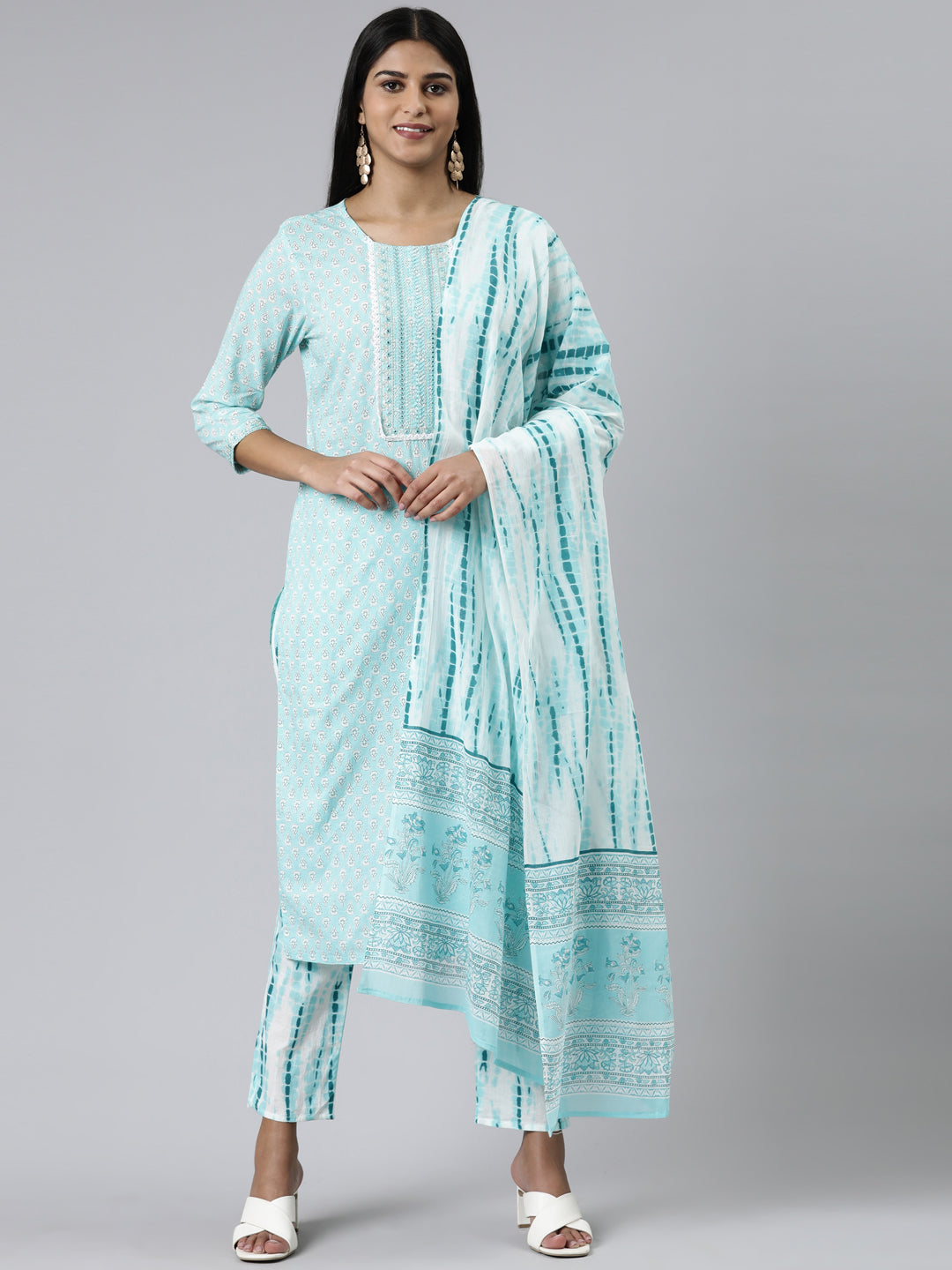 Neerus Sea Green Regular Calf Length Printed Kurta Printed Trousers With Dupatta