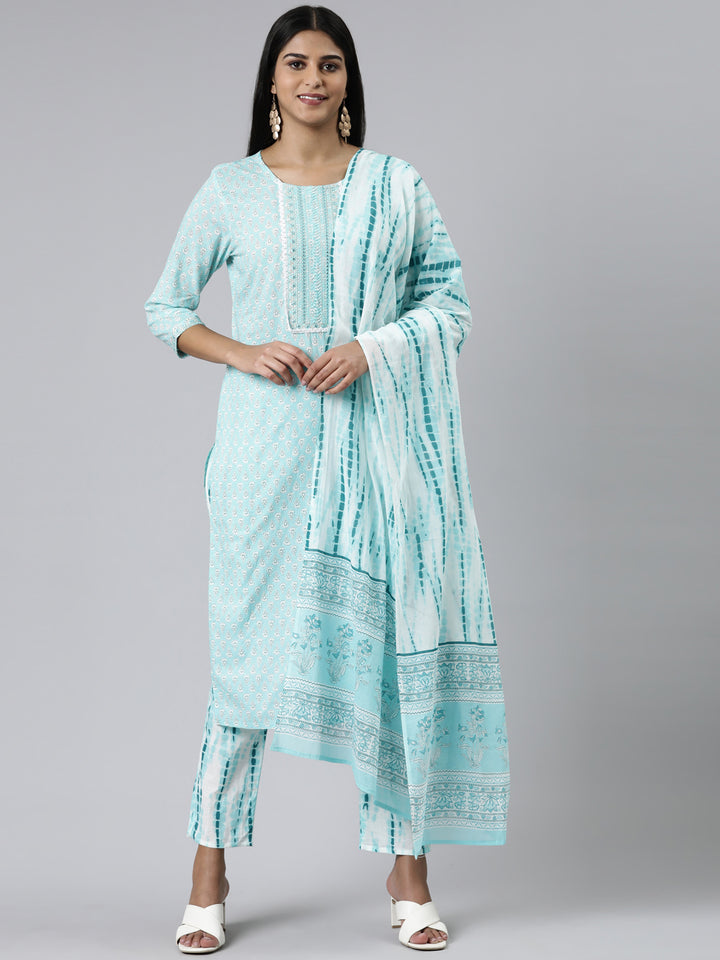 Neerus Sea Green Regular Calf Length Printed Kurta Printed Trousers With Dupatta