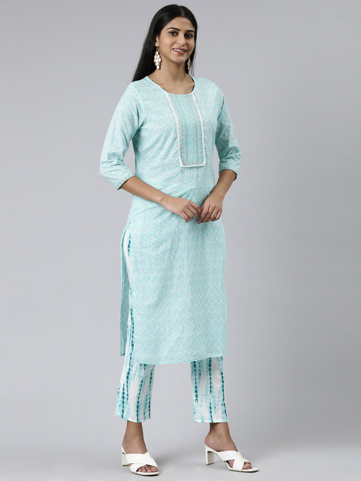 Neerus Sea Green Regular Calf Length Printed Kurta Printed Trousers With Dupatta