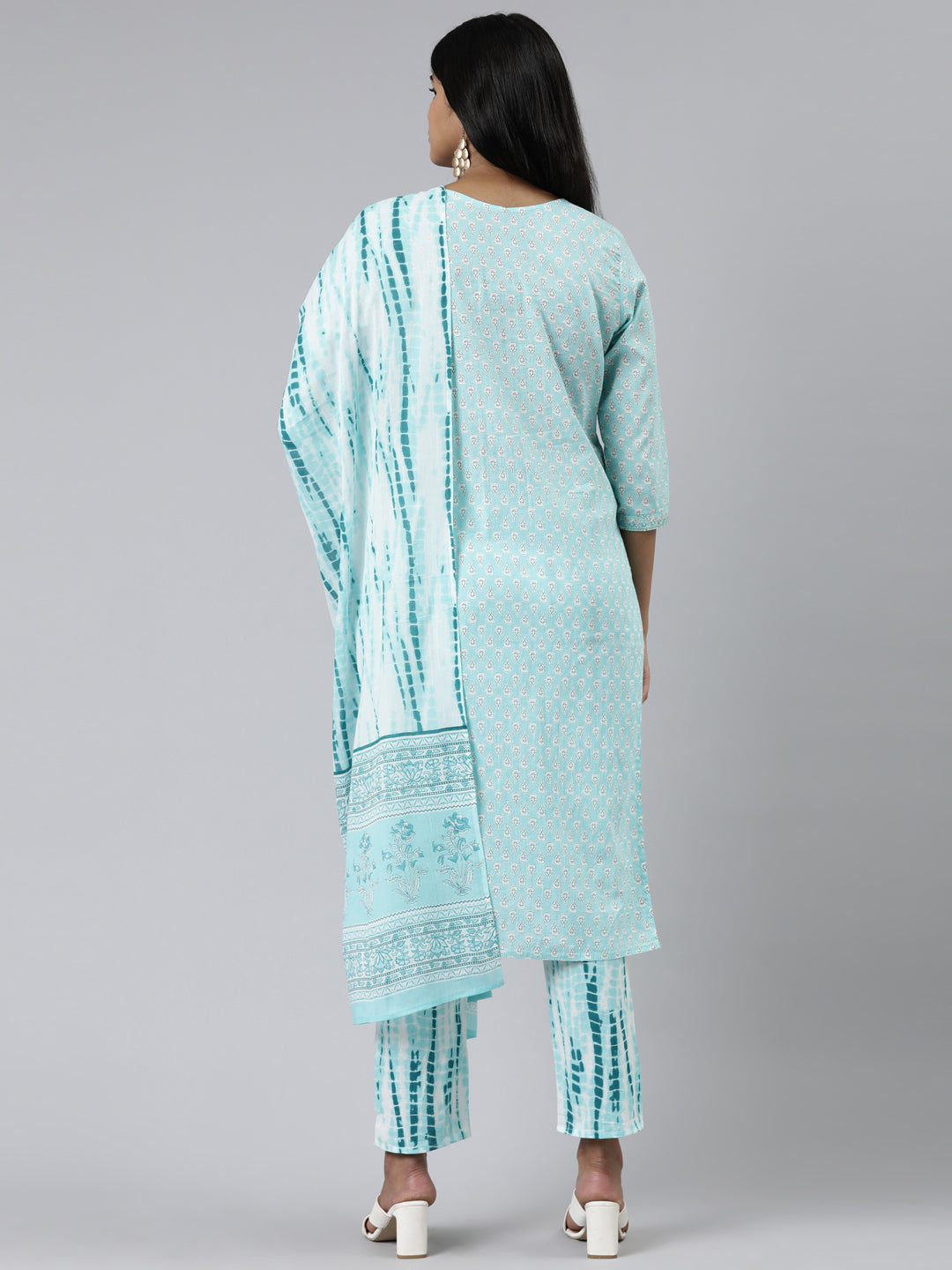 Neerus Sea Green Regular Calf Length Printed Kurta Printed Trousers With Dupatta