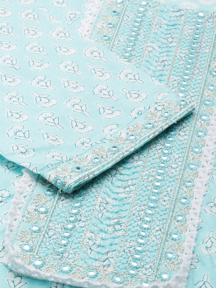 Neerus Sea Green Regular Calf Length Printed Kurta Printed Trousers With Dupatta