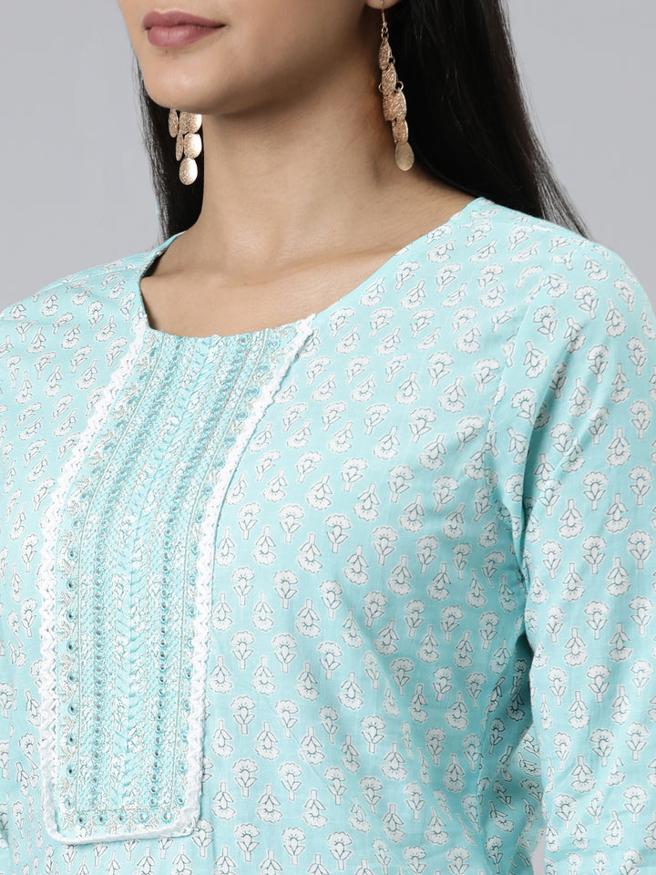 Neerus Sea Green Regular Calf Length Printed Kurta Printed Trousers With Dupatta