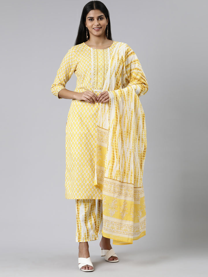 Neerus Yellow Regular Calf Length Printed Kurta Printed Trousers With Dupatta
