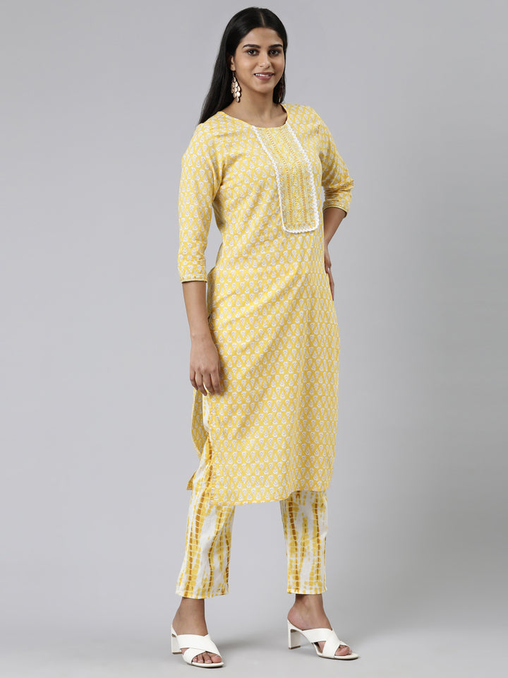 Neerus Yellow Regular Calf Length Printed Kurta Printed Trousers With Dupatta